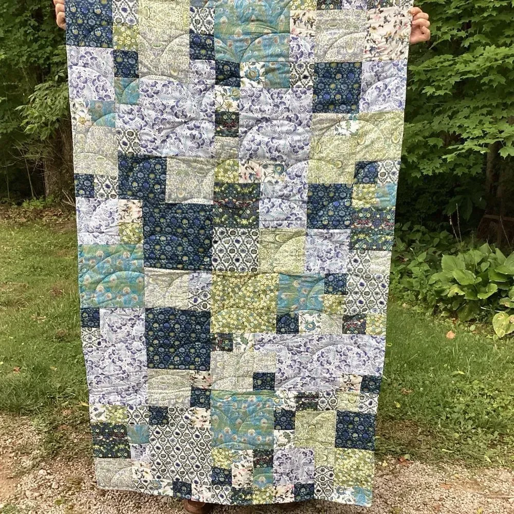 NWT. Hand Crafted Blues and Greens Gardens Quilt with Liberty Lawn Fabrics
